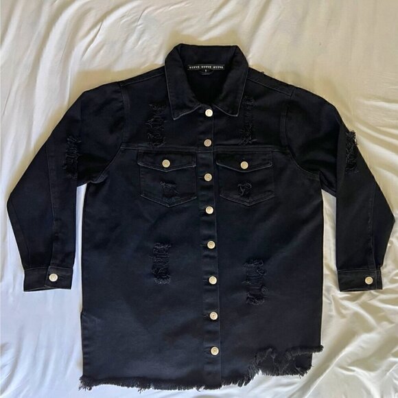 Jackets & Blazers - Hyfve Distressed Button Front Denim Jacket Women's Size S Black Raw Hem